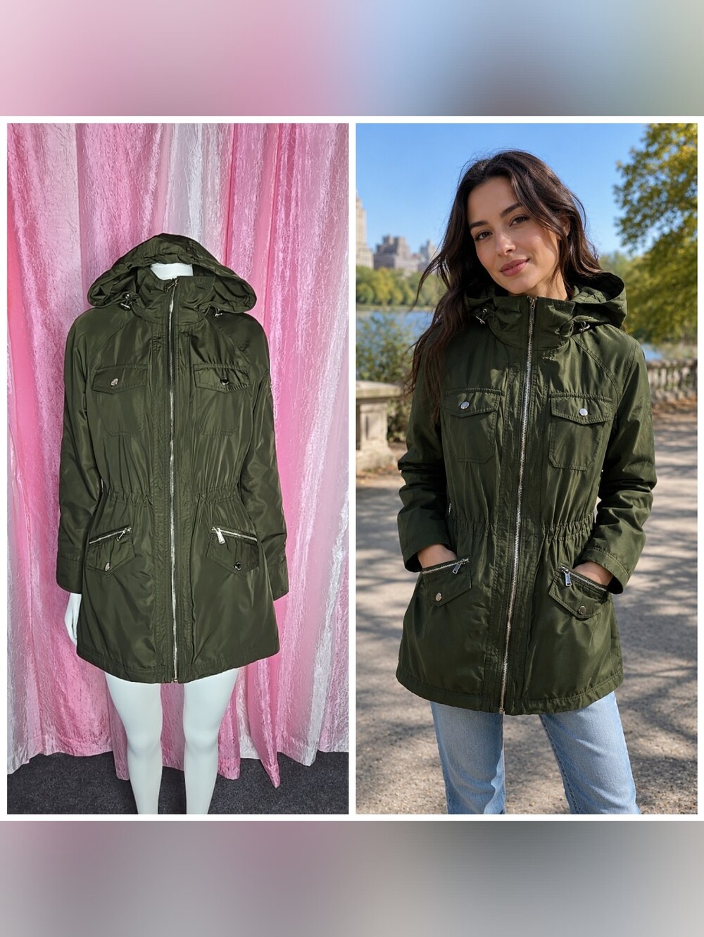 Michael Kors Olive Green Hooded Lightweight Casual Rain Jacket Size Small